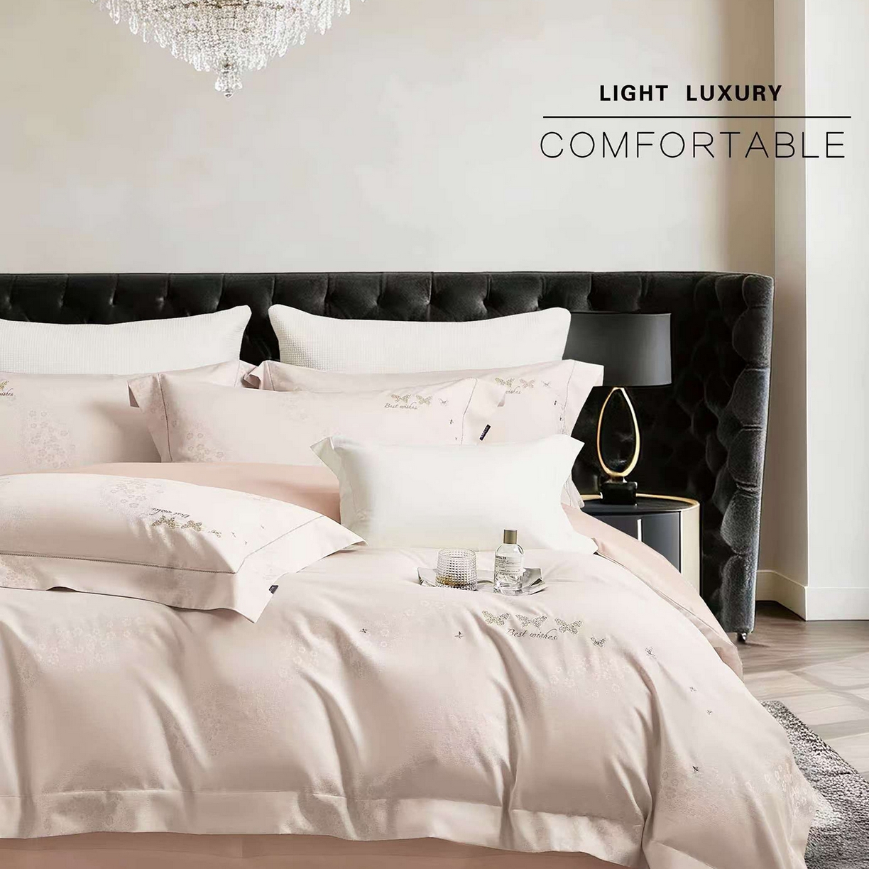 91家纺网 家纺一手货源 找家纺 玖玖爱家纺 2026新款全棉色织提花绣花四件套-梦蝶 梦蝶-浅粉