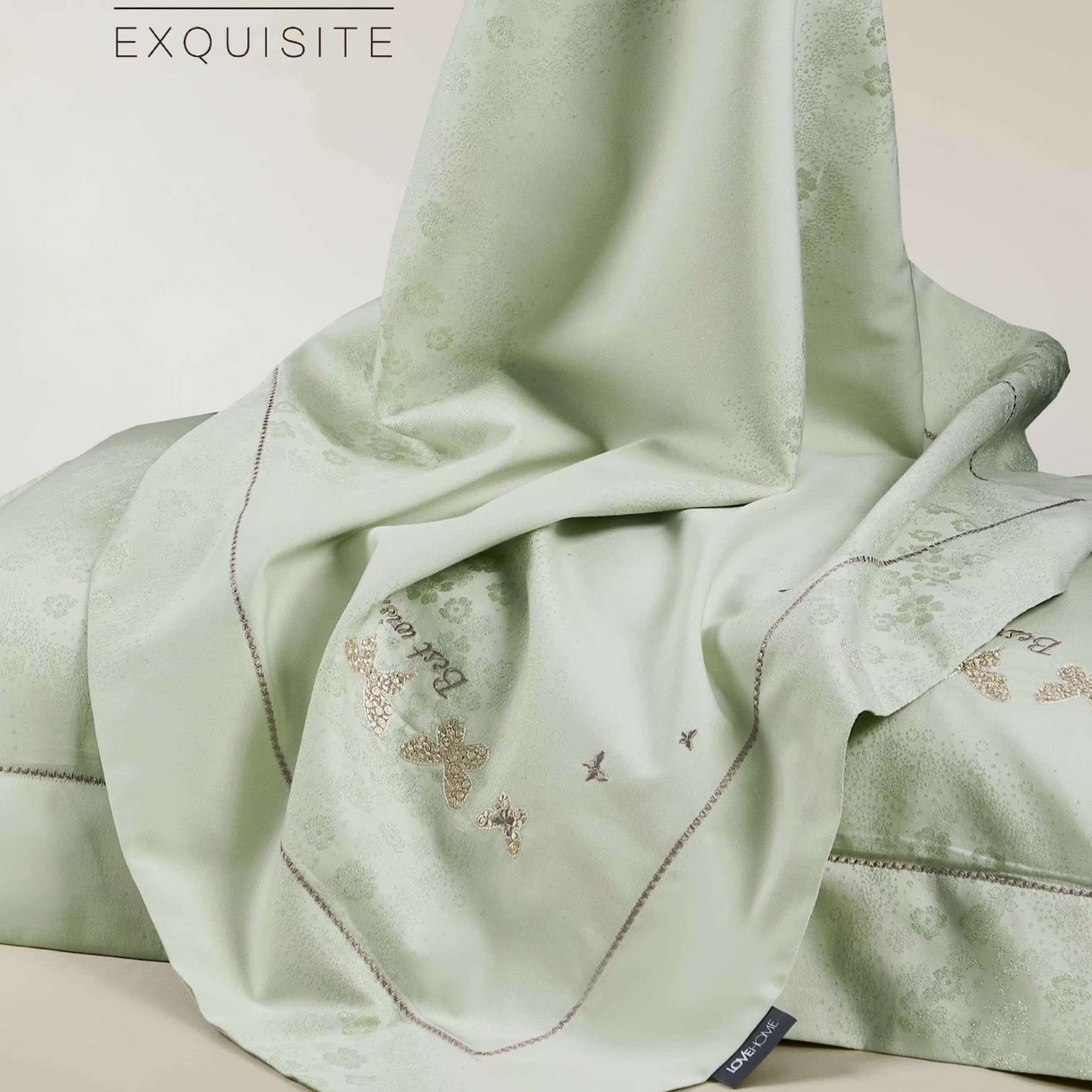 91家纺网 家纺一手货源 找家纺 玖玖爱家纺 2026新款全棉色织提花绣花四件套-梦蝶 梦蝶-豆绿