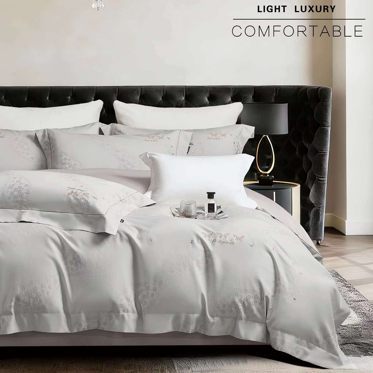 91家纺网 家纺一手货源 找家纺 玖玖爱家纺 2026新款全棉色织提花绣花四件套-梦蝶 梦蝶-银灰