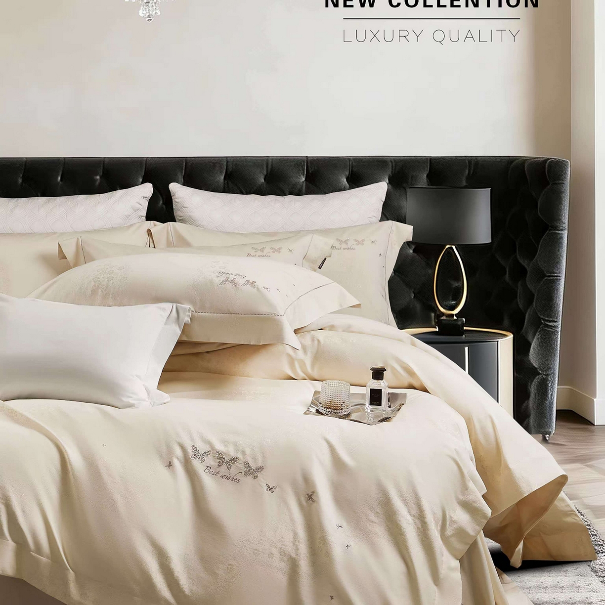 91家纺网 家纺一手货源 找家纺 玖玖爱家纺 2026新款全棉色织提花绣花四件套-梦蝶 梦蝶-香槟