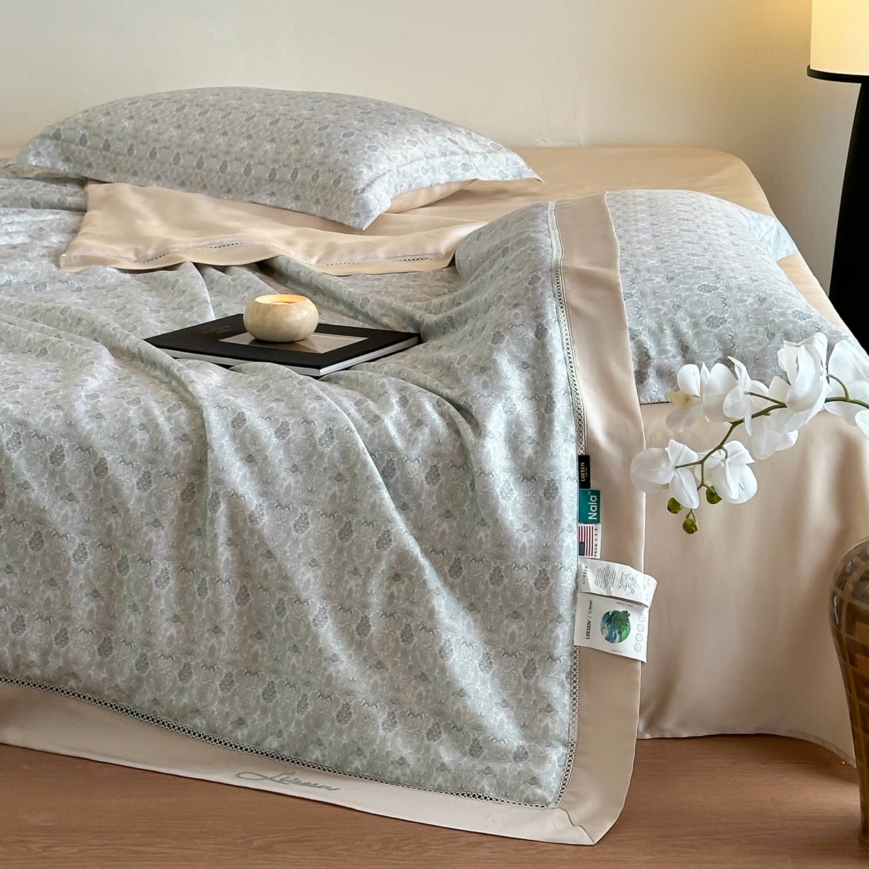 91家纺网 家纺一手货源 找家纺 丽笙被芯 2026新款A类兰精天丝数码印花Naia镂空夏被夏凉被空调被-系列二 弗里德-绿