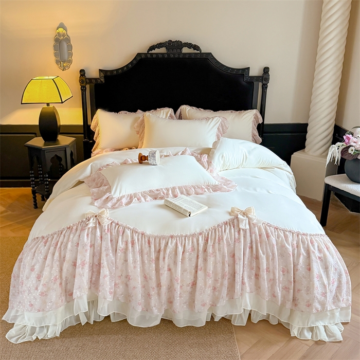 富盛家纺 2026新款水洗亲肤棉雪纺蕾丝刺绣法式床裙韩版四件套 浪漫主义-米白