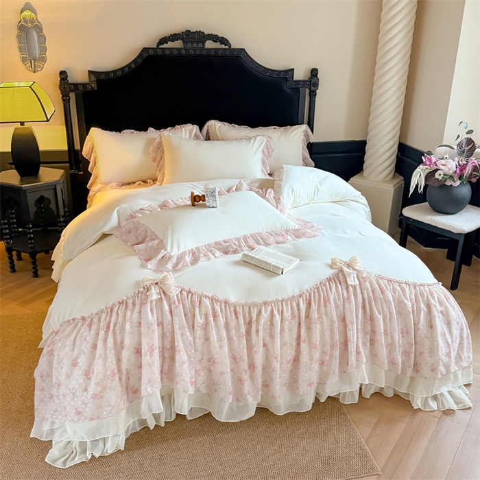 91家纺网 家纺一手货源 找家纺 富盛家纺 2026新款水洗亲肤棉雪纺蕾丝刺绣法式床裙韩版四件套 浪漫主义-米白