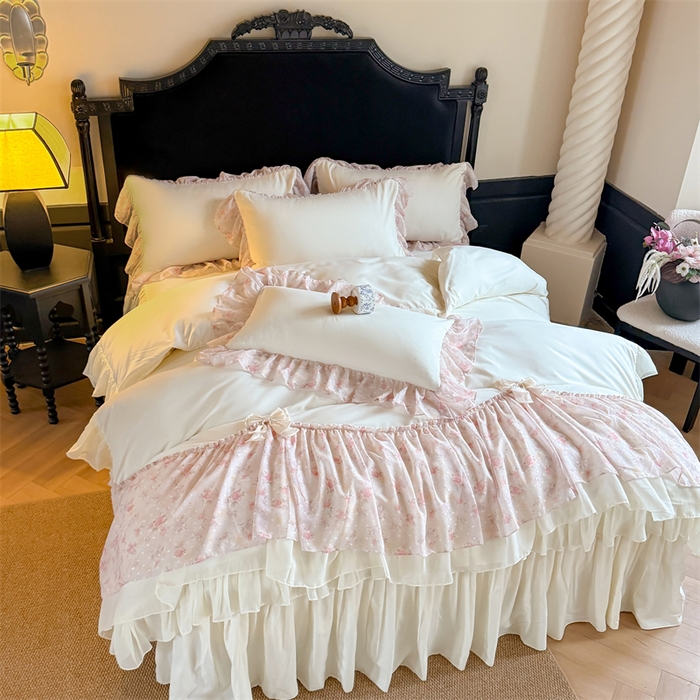 91家纺网 家纺一手货源 找家纺 富盛家纺 2026新款水洗亲肤棉雪纺蕾丝刺绣法式床裙韩版四件套 浪漫主义-米白