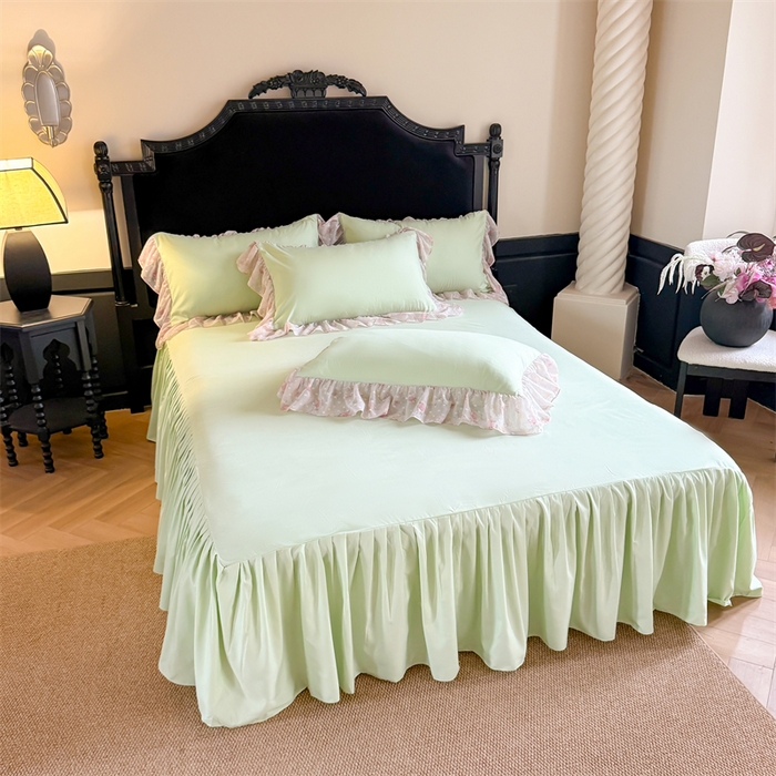 91家纺网 家纺一手货源 找家纺 富盛家纺 2026新款水洗亲肤棉雪纺蕾丝刺绣法式床裙韩版四件套 浪漫主义-绿