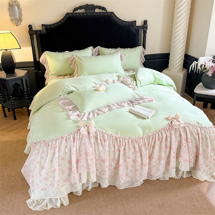 91家纺网 家纺一手货源 找家纺 富盛家纺 2026新款水洗亲肤棉雪纺蕾丝刺绣法式床裙韩版四件套 浪漫主义-绿