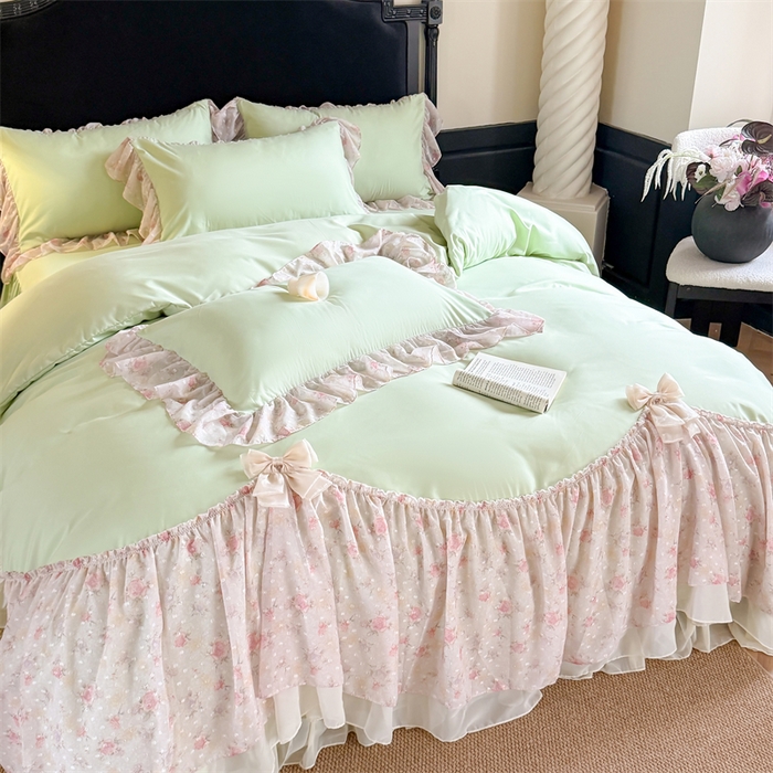 91家纺网 家纺一手货源 找家纺 富盛家纺 2026新款水洗亲肤棉雪纺蕾丝刺绣法式床裙韩版四件套 浪漫主义-绿