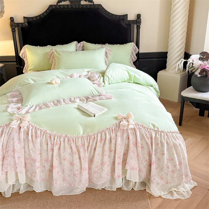 91家纺网 家纺一手货源 找家纺 富盛家纺 2026新款水洗亲肤棉雪纺蕾丝刺绣法式床裙韩版四件套 浪漫主义-绿