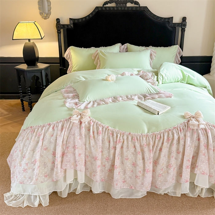 91家纺网 家纺一手货源 找家纺 富盛家纺 2026新款水洗亲肤棉雪纺蕾丝刺绣法式床裙韩版四件套 浪漫主义-绿