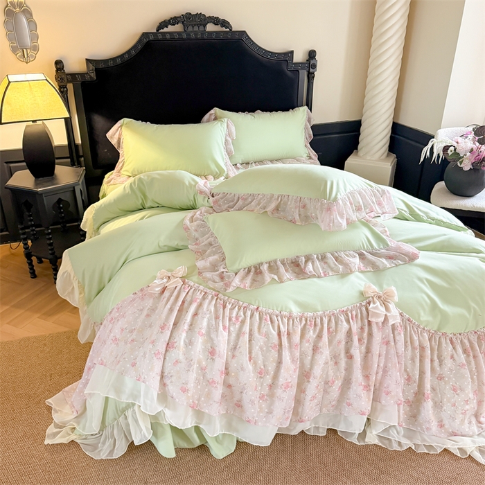 91家纺网 家纺一手货源 找家纺 富盛家纺 2026新款水洗亲肤棉雪纺蕾丝刺绣法式床裙韩版四件套 浪漫主义-绿