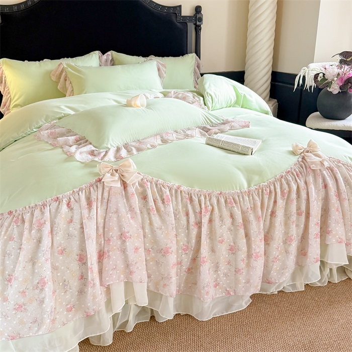 91家纺网 家纺一手货源 找家纺 富盛家纺 2026新款水洗亲肤棉雪纺蕾丝刺绣法式床裙韩版四件套 浪漫主义-绿