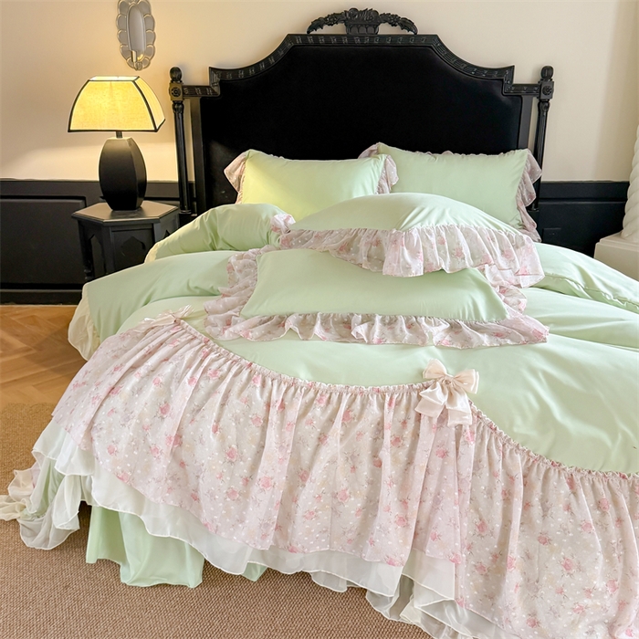 91家纺网 家纺一手货源 找家纺 富盛家纺 2026新款水洗亲肤棉雪纺蕾丝刺绣法式床裙韩版四件套 浪漫主义-绿