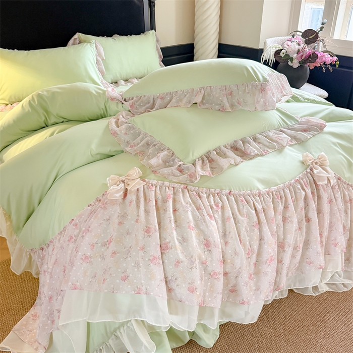 91家纺网 家纺一手货源 找家纺 富盛家纺 2026新款水洗亲肤棉雪纺蕾丝刺绣法式床裙韩版四件套 浪漫主义-绿