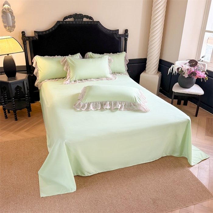 91家纺网 家纺一手货源 找家纺 富盛家纺 2026新款水洗亲肤棉雪纺蕾丝刺绣法式床裙韩版四件套 浪漫主义-绿