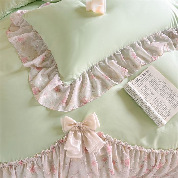 91家纺网 家纺一手货源 找家纺 富盛家纺 2026新款水洗亲肤棉雪纺蕾丝刺绣法式床裙韩版四件套 浪漫主义-绿