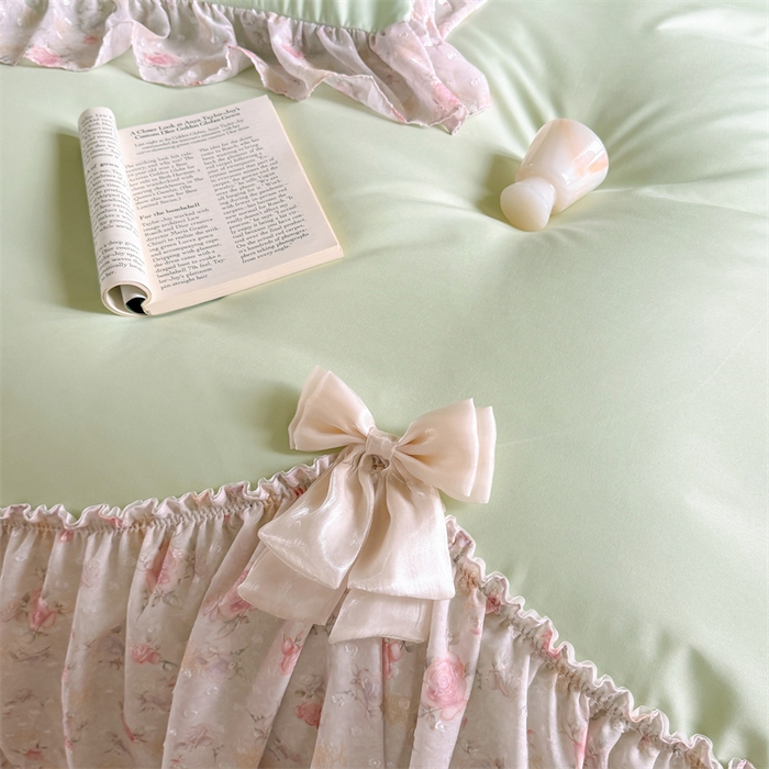 91家纺网 家纺一手货源 找家纺 富盛家纺 2026新款水洗亲肤棉雪纺蕾丝刺绣法式床裙韩版四件套 浪漫主义-绿