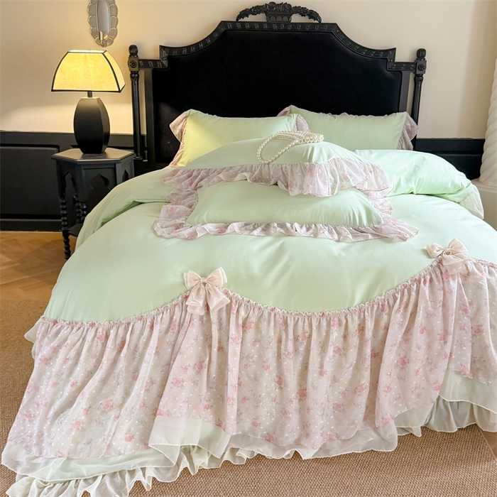 91家纺网 家纺一手货源 找家纺 富盛家纺 2026新款水洗亲肤棉雪纺蕾丝刺绣法式床裙韩版四件套 浪漫主义-绿