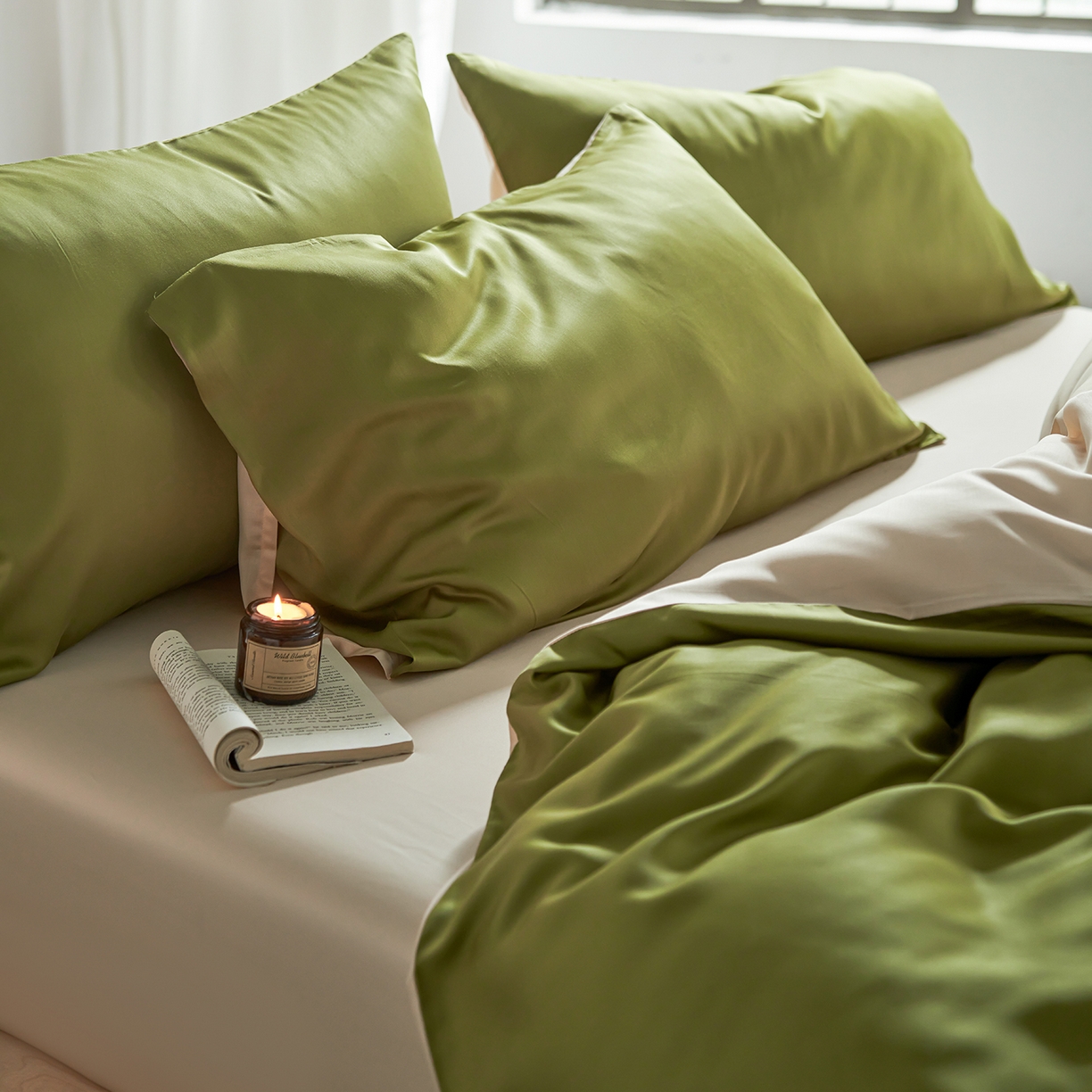 91家纺网 家纺一手货源 找家纺 轩和家居 2026新款60支奥地利兰精天丝四件套 豆蔻绿+奶酪黄