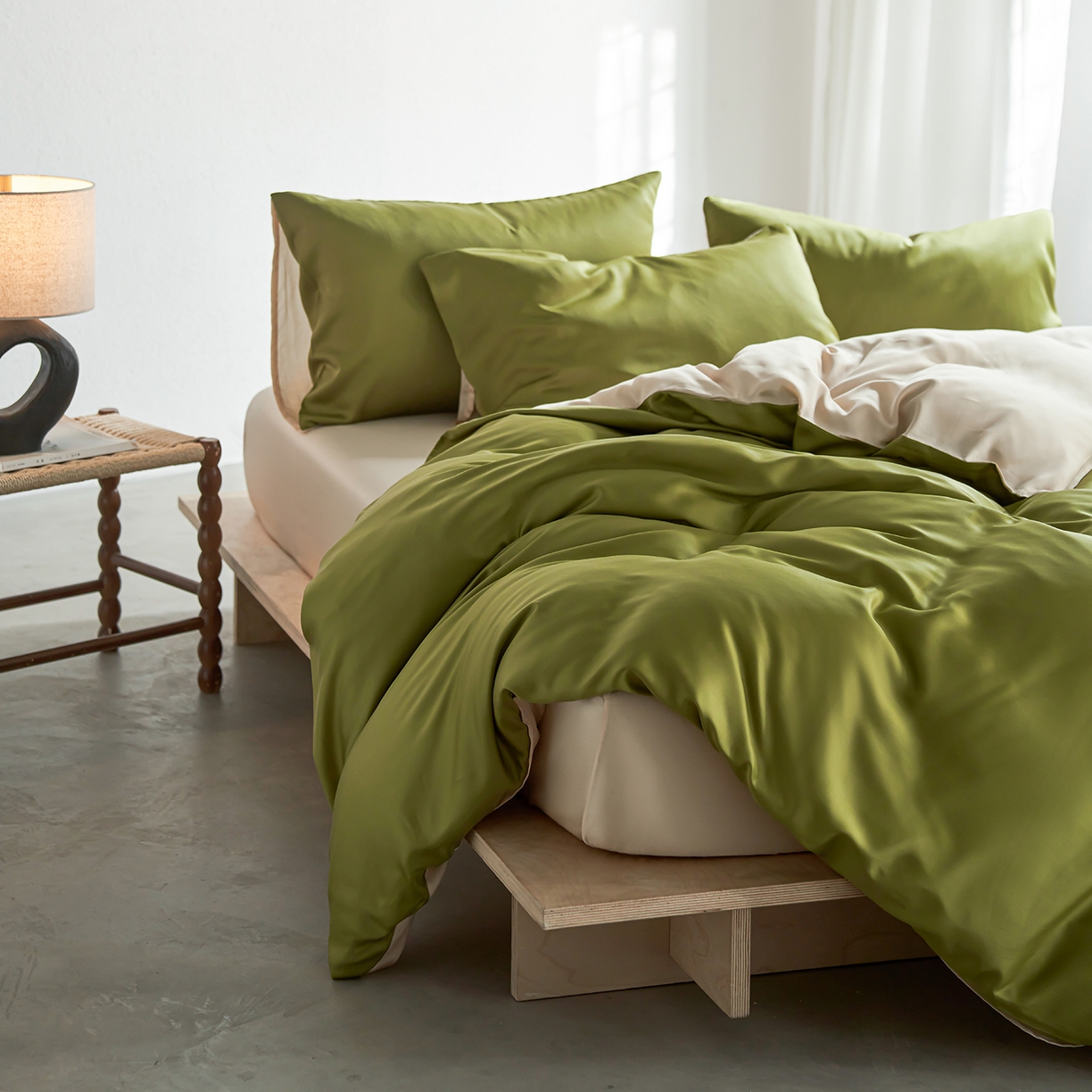 91家纺网 家纺一手货源 找家纺 轩和家居 2026新款60支奥地利兰精天丝四件套 豆蔻绿+奶酪黄