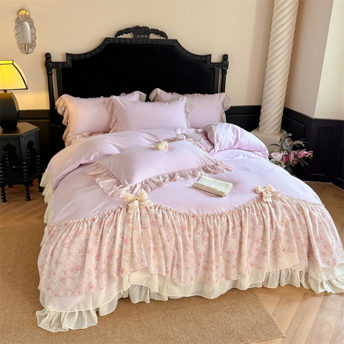 91家纺网 家纺一手货源 找家纺 富盛家纺 2026新款水洗亲肤棉雪纺蕾丝刺绣法式床裙韩版四件套 浪漫主义-紫