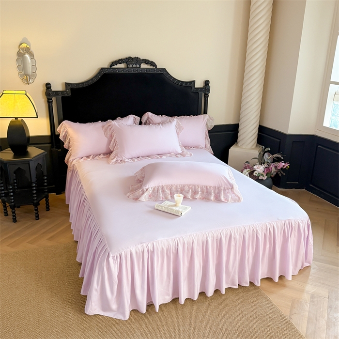 91家纺网 家纺一手货源 找家纺 富盛家纺 2026新款水洗亲肤棉雪纺蕾丝刺绣法式床裙韩版四件套 浪漫主义-紫