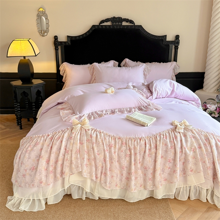 91家纺网 家纺一手货源 找家纺 富盛家纺 2026新款水洗亲肤棉雪纺蕾丝刺绣法式床裙韩版四件套 浪漫主义-紫