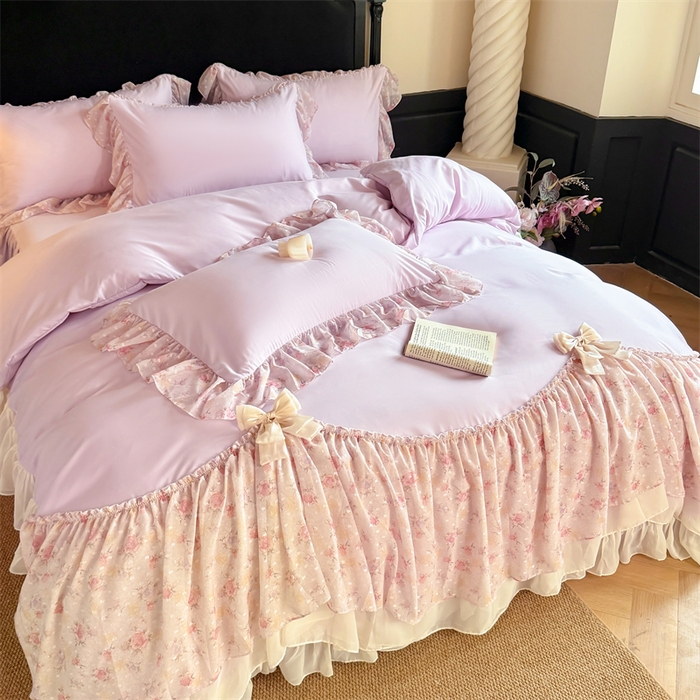 91家纺网 家纺一手货源 找家纺 富盛家纺 2026新款水洗亲肤棉雪纺蕾丝刺绣法式床裙韩版四件套 浪漫主义-紫