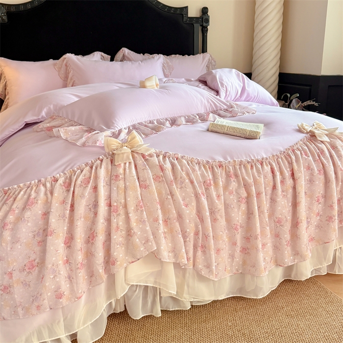 91家纺网 家纺一手货源 找家纺 富盛家纺 2026新款水洗亲肤棉雪纺蕾丝刺绣法式床裙韩版四件套 浪漫主义-紫