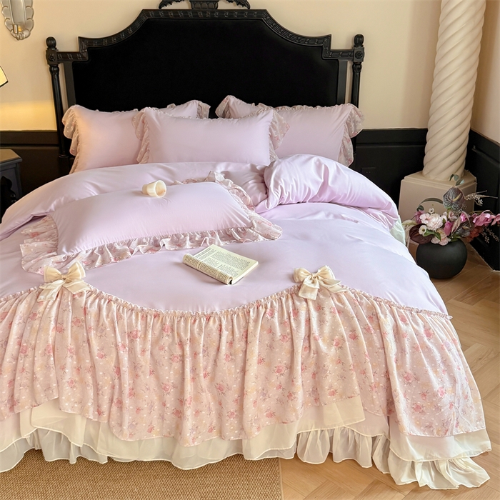 91家纺网 家纺一手货源 找家纺 富盛家纺 2026新款水洗亲肤棉雪纺蕾丝刺绣法式床裙韩版四件套 浪漫主义-紫