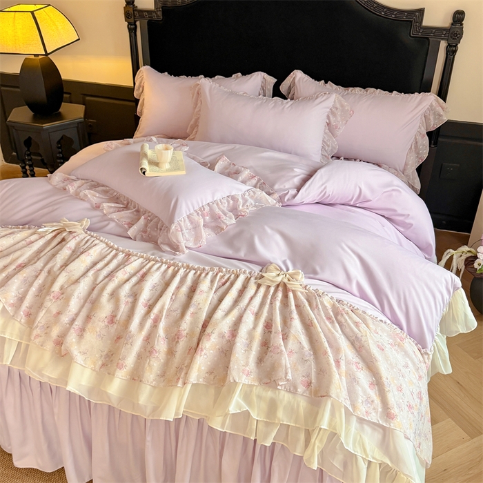 91家纺网 家纺一手货源 找家纺 富盛家纺 2026新款水洗亲肤棉雪纺蕾丝刺绣法式床裙韩版四件套 浪漫主义-紫