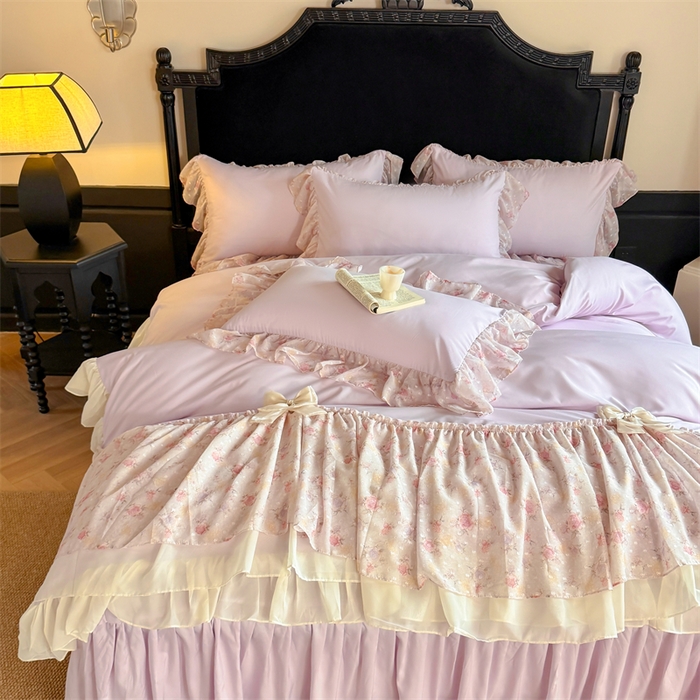 91家纺网 家纺一手货源 找家纺 富盛家纺 2026新款水洗亲肤棉雪纺蕾丝刺绣法式床裙韩版四件套 浪漫主义-紫