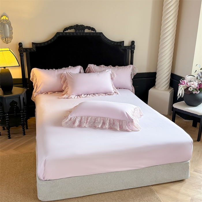 91家纺网 家纺一手货源 找家纺 富盛家纺 2026新款水洗亲肤棉雪纺蕾丝刺绣法式床裙韩版四件套 浪漫主义-紫