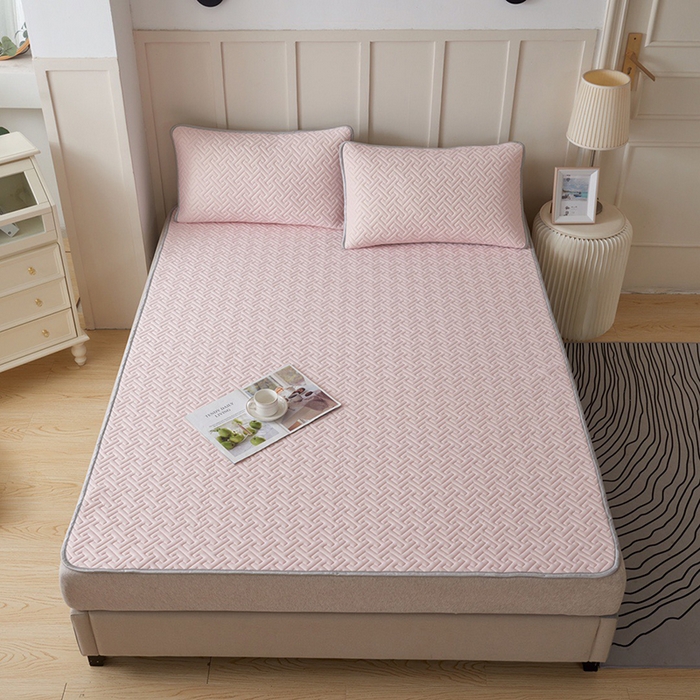 91家纺网 家纺一手货源 找家纺 玖玖爱家纺 2026新款天然水洗乳胶凉感丝凉席三件套 粉