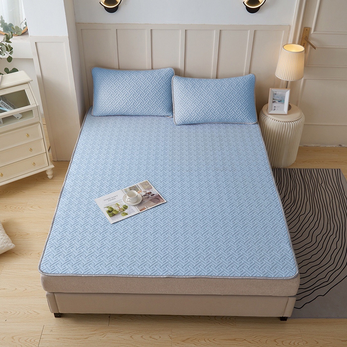 91家纺网 家纺一手货源 找家纺 玖玖爱家纺 2026新款天然水洗乳胶凉感丝凉席三件套 蓝