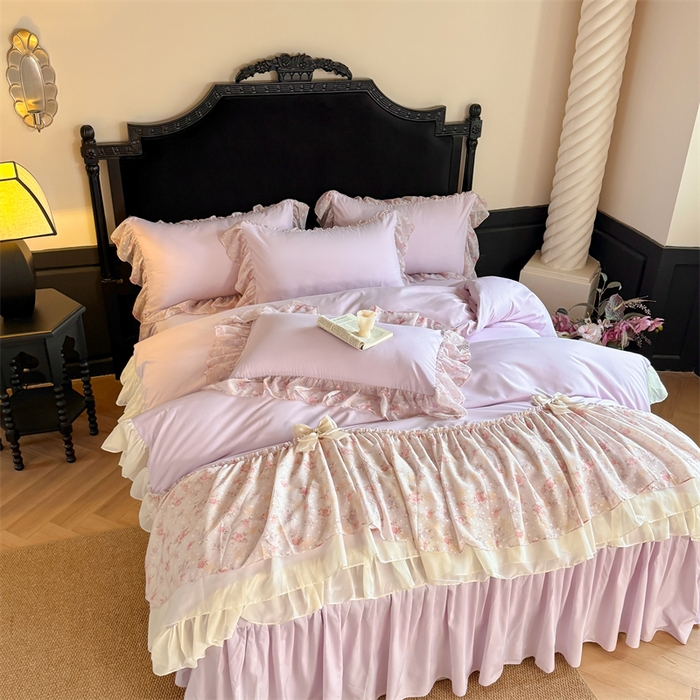 91家纺网 家纺一手货源 找家纺 富盛家纺 2026新款水洗亲肤棉雪纺蕾丝刺绣法式床裙韩版四件套 浪漫主义-紫