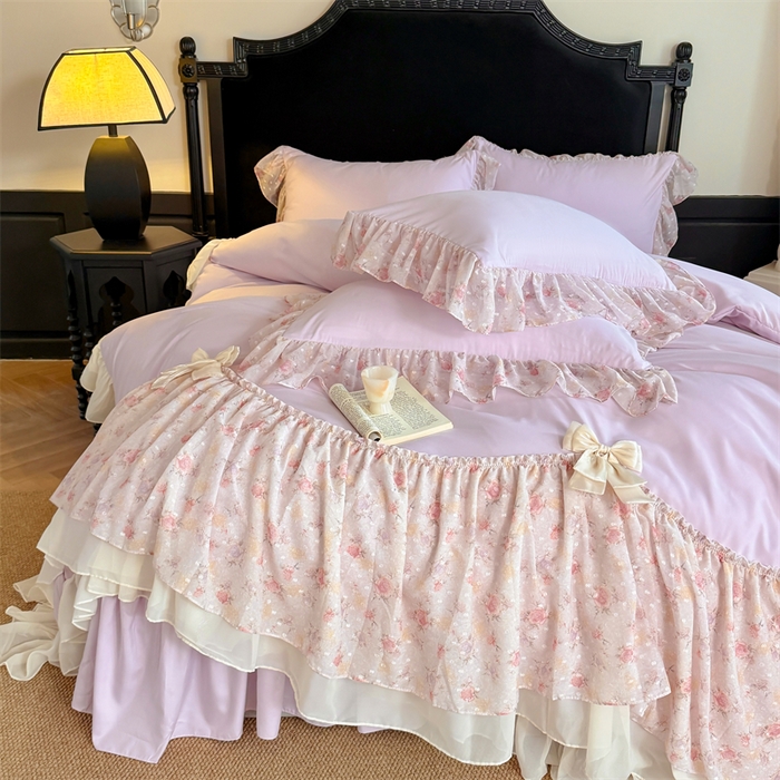 91家纺网 家纺一手货源 找家纺 富盛家纺 2026新款水洗亲肤棉雪纺蕾丝刺绣法式床裙韩版四件套 浪漫主义-紫