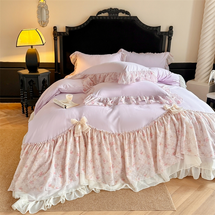 91家纺网 家纺一手货源 找家纺 富盛家纺 2026新款水洗亲肤棉雪纺蕾丝刺绣法式床裙韩版四件套 浪漫主义-紫