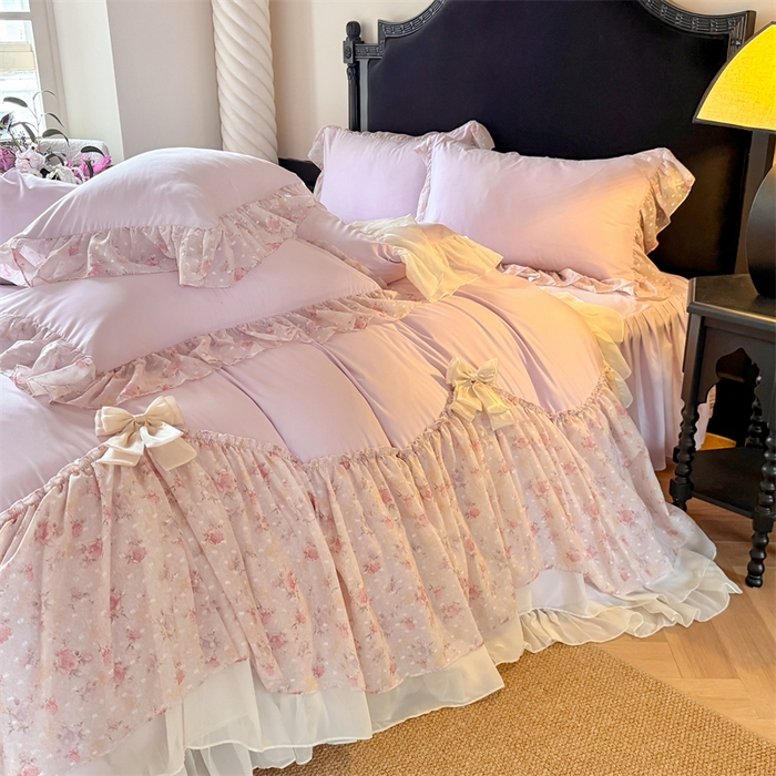 91家纺网 家纺一手货源 找家纺 富盛家纺 2026新款水洗亲肤棉雪纺蕾丝刺绣法式床裙韩版四件套 浪漫主义-紫