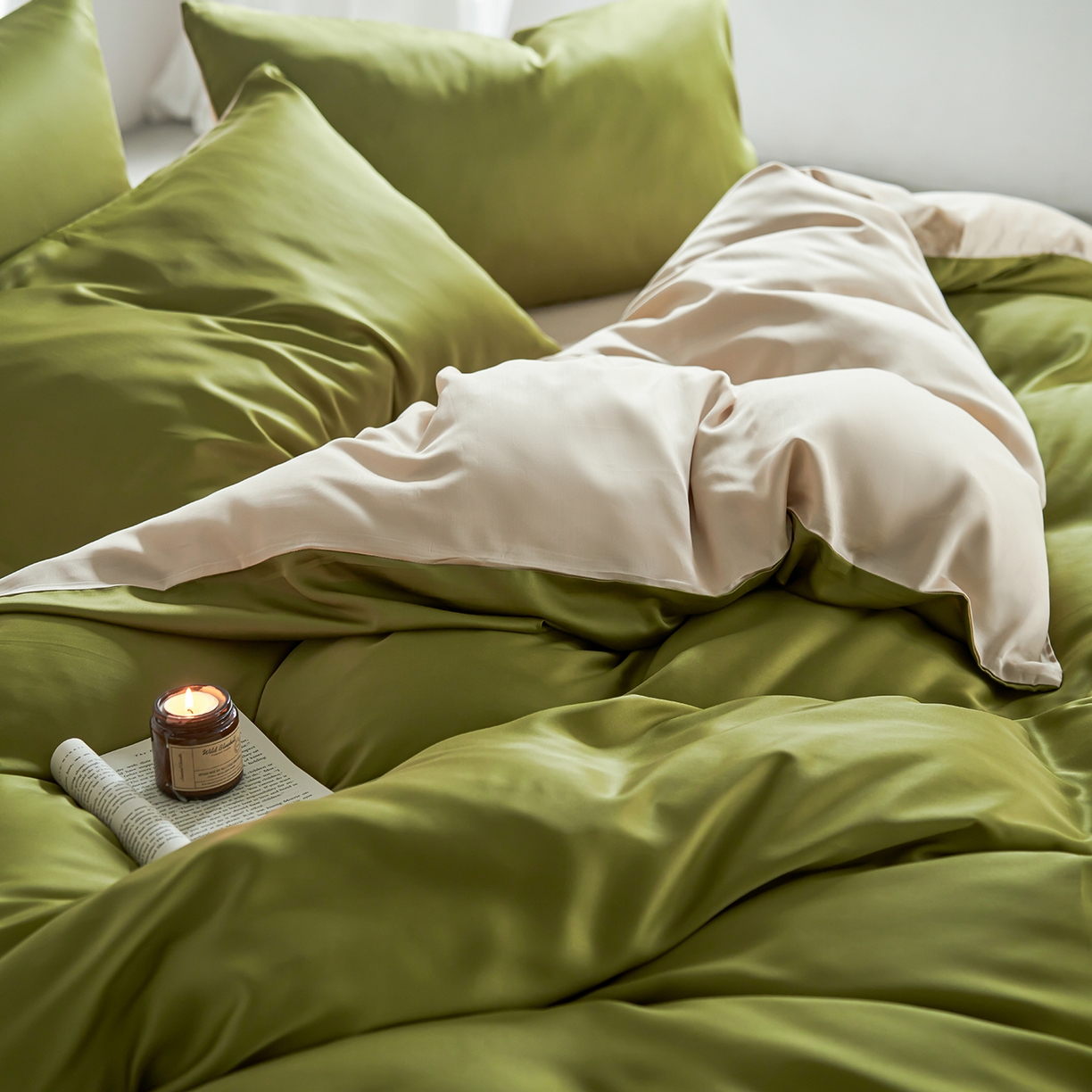 91家纺网 家纺一手货源 找家纺 轩和家居 2026新款60支奥地利兰精天丝四件套 豆蔻绿+奶酪黄