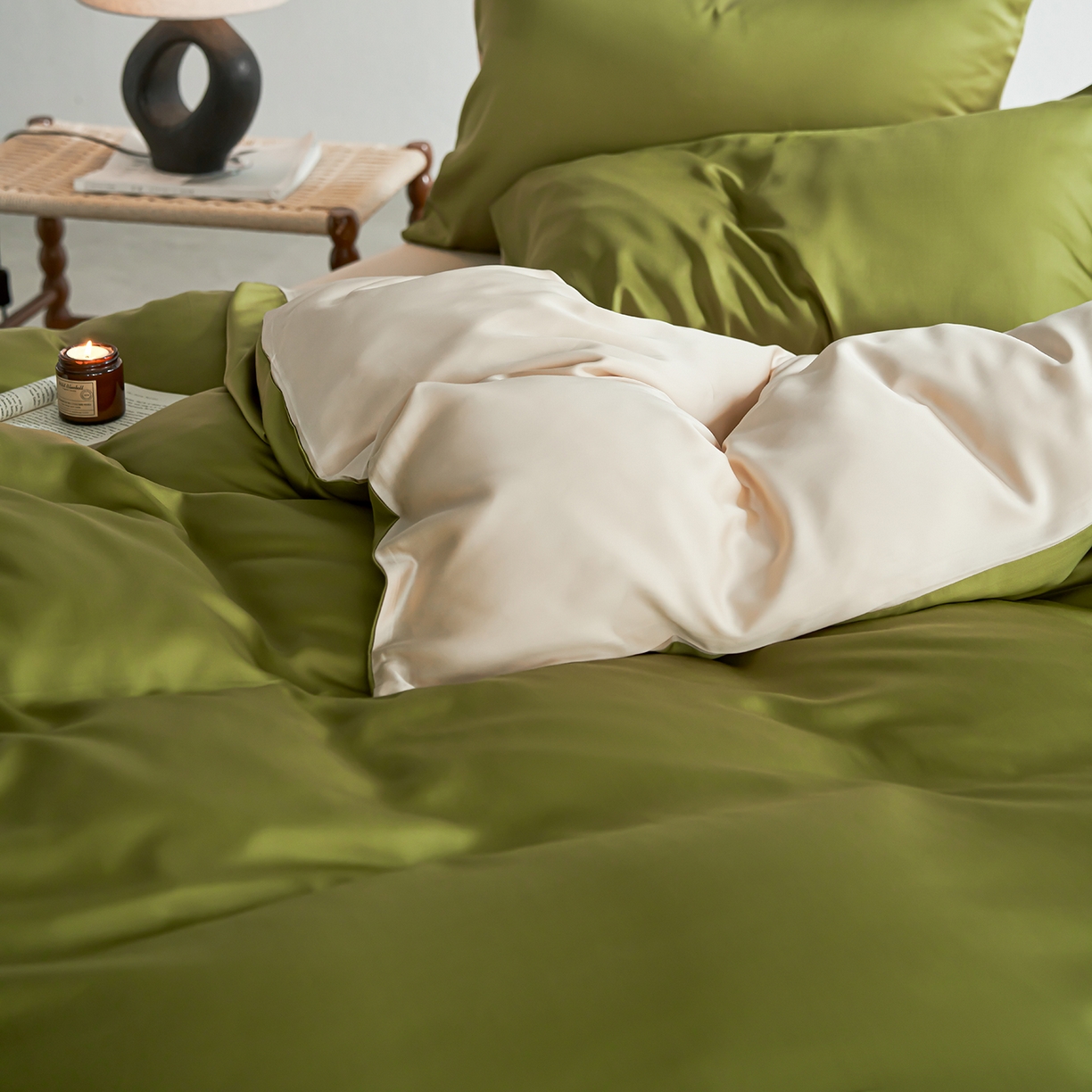 91家纺网 家纺一手货源 找家纺 轩和家居 2026新款60支奥地利兰精天丝四件套 豆蔻绿+奶酪黄