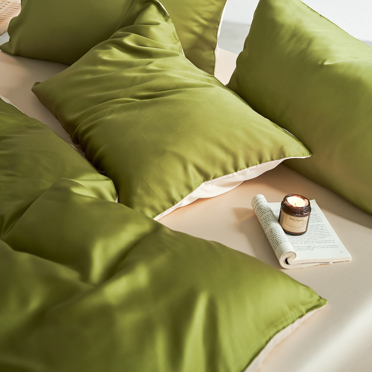 91家纺网 家纺一手货源 找家纺 轩和家居 2026新款60支奥地利兰精天丝四件套 豆蔻绿+奶酪黄