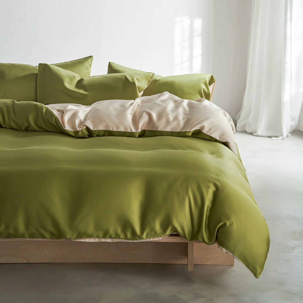 91家纺网 家纺一手货源 找家纺 轩和家居 2026新款60支奥地利兰精天丝四件套 豆蔻绿+奶酪黄