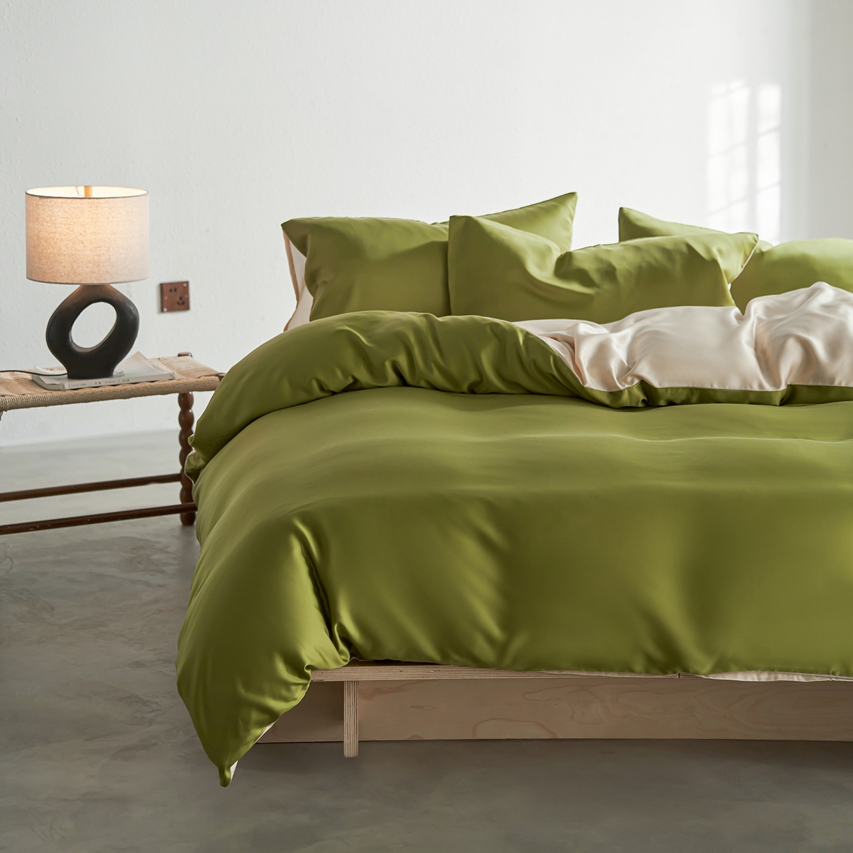 91家纺网 家纺一手货源 找家纺 轩和家居 2026新款60支奥地利兰精天丝四件套 豆蔻绿+奶酪黄