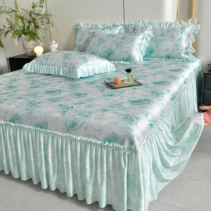 91家纺网 家纺一手货源 找家纺 （总）梦之星 2026新款豆豆冰丝软凉席印花复合床裙款三件套