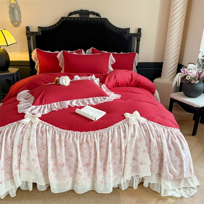 91家纺网 家纺一手货源 找家纺 富盛家纺 2026新款水洗亲肤棉雪纺蕾丝刺绣法式床裙韩版四件套 浪漫主义-大红