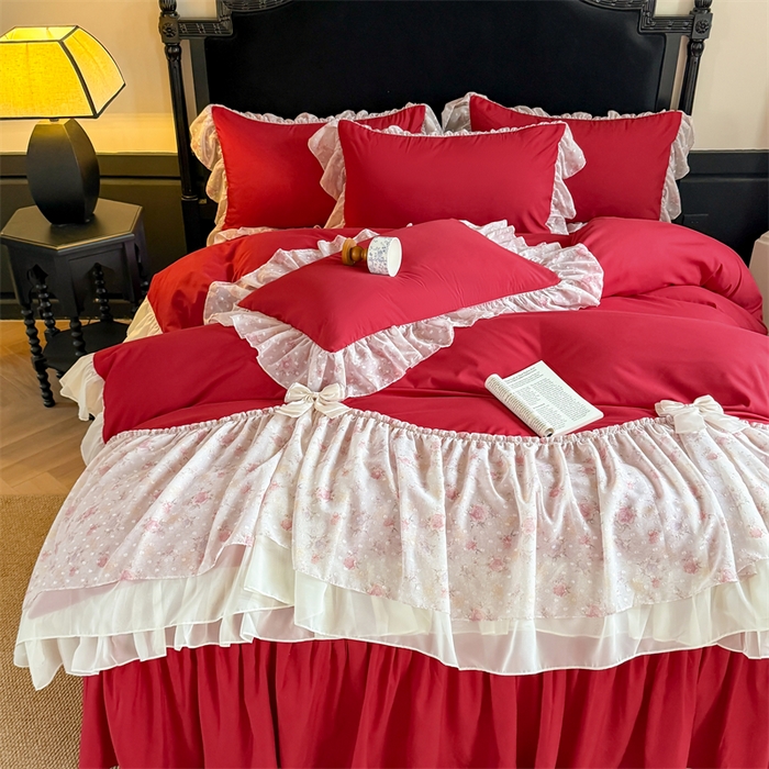91家纺网 家纺一手货源 找家纺 富盛家纺 2026新款水洗亲肤棉雪纺蕾丝刺绣法式床裙韩版四件套 浪漫主义-大红