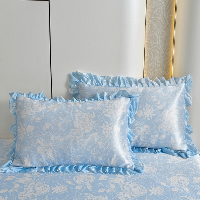 91家纺网 家纺一手货源 找家纺 梦之星 2026新款豆豆冰丝软凉席印花复合床裙款三件套 花颜-蓝