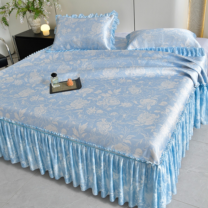 91家纺网 家纺一手货源 找家纺 梦之星 2026新款豆豆冰丝软凉席印花复合床裙款三件套 花颜-蓝