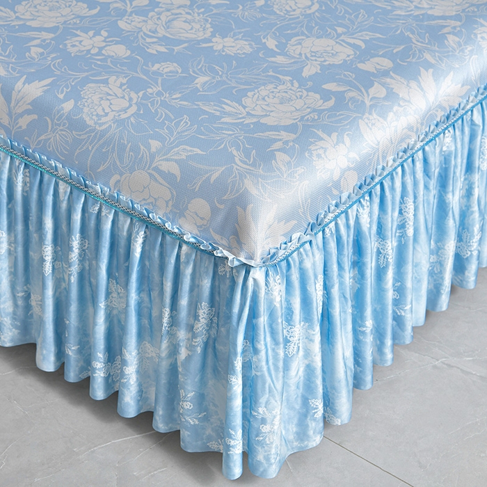 91家纺网 家纺一手货源 找家纺 梦之星 2026新款豆豆冰丝软凉席印花复合床裙款三件套 花颜-蓝