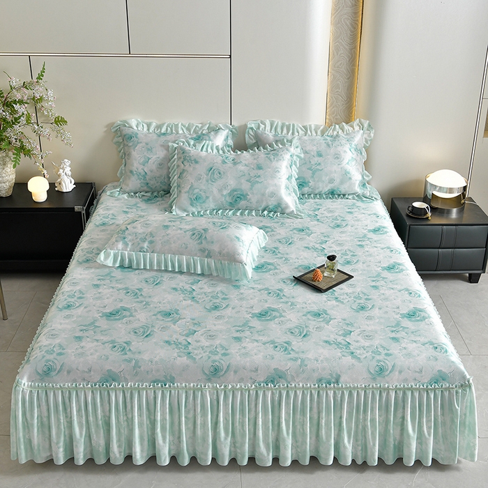 91家纺网 家纺一手货源 找家纺 梦之星 2026新款豆豆冰丝软凉席印花复合床裙款三件套 花语-绿